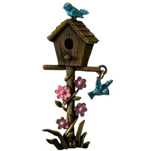 J.J. Blue Bird Feeder and Pink Flowers Feeder Brooch Pin with Charm